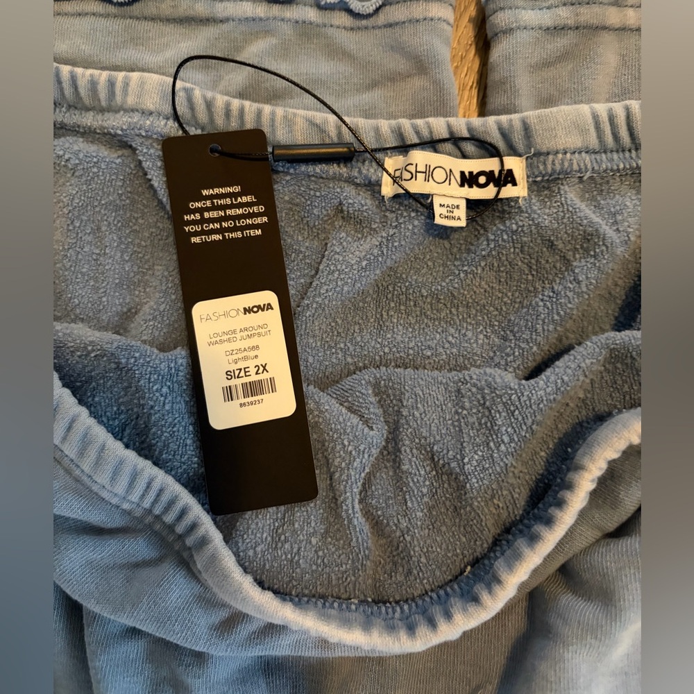 Fashion Nova Strapless Blue Drawstring Jumpsuit - Picture 3 of 5
